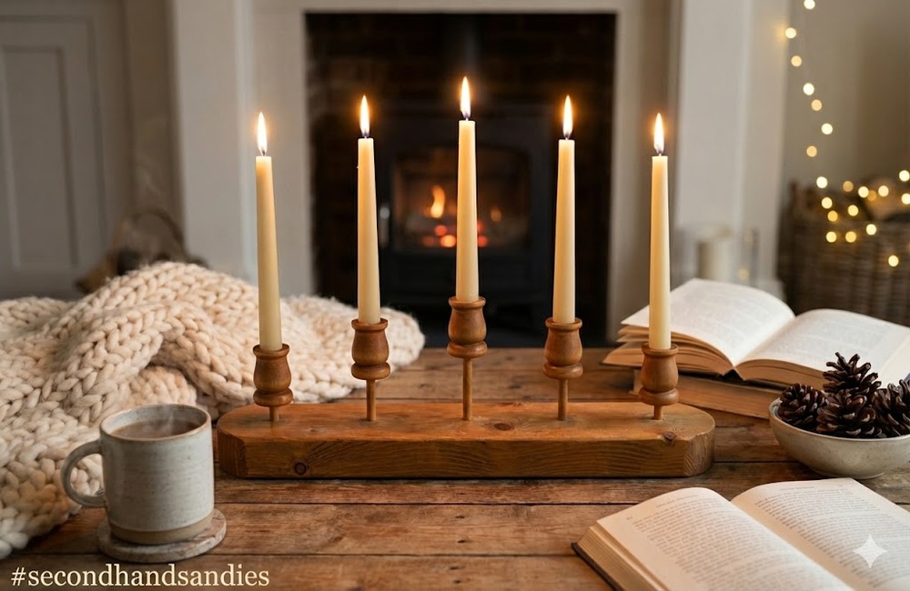 Vintage Rustic Wooden 5-Taper Candelabra Centerpiece 17.6 Cabincore Hygge Scandi